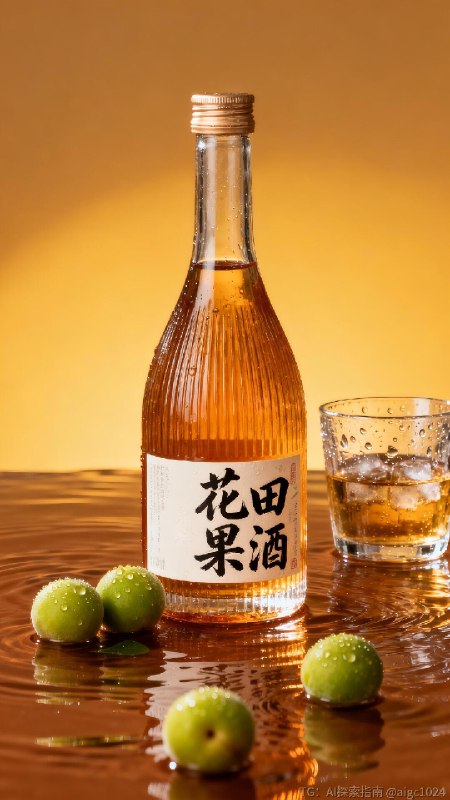 【AIGC直出.高端青梅酒商业摄影（附提示词）】[向右R] 参考提示词：‘花田果酒’高端青梅酒商业摄影，透明瓶身的琥珀色青梅酒（瓶身贴含‘花田果酒’书法字体的标签，瓶子旁边有几颗青梅），置于暖棕水面上（水面有波纹），旁侧搭配装冰酒的玻璃杯，背景为渐变暖黄底色