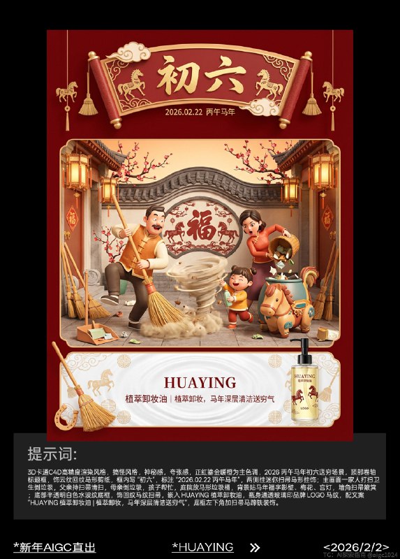 AIGC直出，2026新年祝福美妆海报（附提示词） AIGC生成开年海报，提示词参考：3d卡通c4d高精度渲染风格，搞怪风格，神秘感，夸张感，正红鎏金暖橙为主色调，2026 丙午马年初五迎财神场景，顶部仿古卷轴标框，饰祥云纹回纹马纹，框内写 “初五”，标注 “2026.02.21 丙午马年”，两侧挂迷你金元宝马形挂饰；主画面众人燃香迎财神，财神骑金马持元宝如意，周围散金币马蹄铁，空中浮 “财源广进”“马到成功” 文字，背景贴马年春联大门、龙形装饰、宫灯，庭院放鎏金马形雕像；底部半透明白色云纹底框，饰缠枝莲纹马纹，嵌入 HUAYING 高光修容盘，包装鎏金浮雕印品牌 LOGO 奔马，配文案 “HUAYING 高光修容盘 | 鎏金高光，马年迎财神自带贵气高光”，底框右下角加财神马形装饰