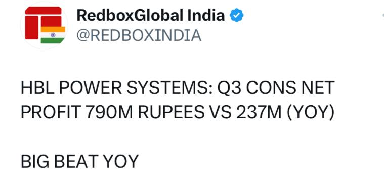 HBL POWER SYSTEMS: Q3 EBITDA 1.13B RUPEES VS 384M (YOY) || Q3 EBITDA MARGIN 18.89% VS 11.55% (YOY)