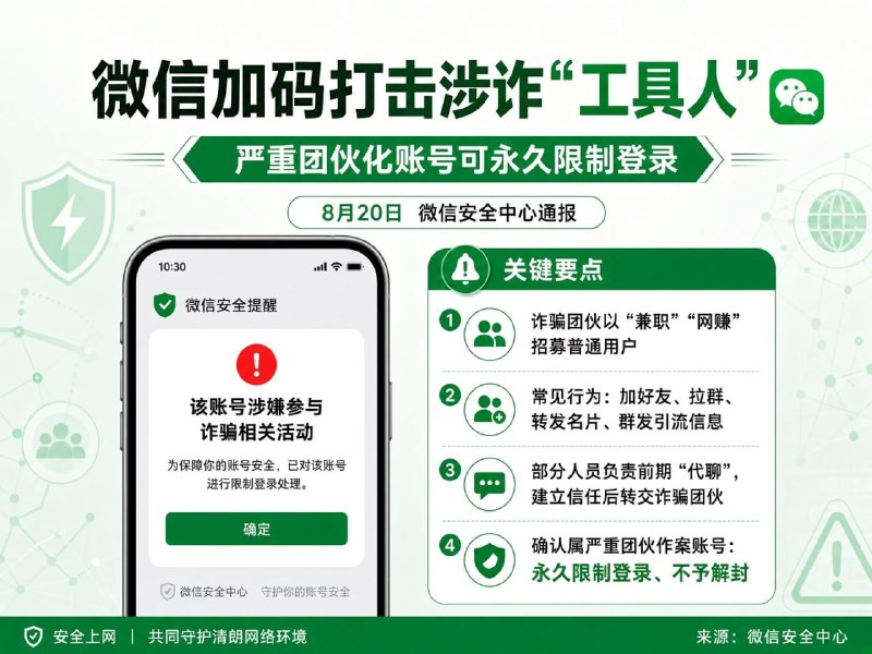 🅥 东南亚新闻: #国内新闻:📩微信严打涉诈“工具人”:团伙化严重违规账号永久限制登录8月20日,微信安全中心发布《针对涉诈“工具人”的打击公告》,宣布持续加大对涉诈“工具人”招募、引流等黑灰产链路的治理力度。对于确认属于团伙涉诈“工具人”的严重违规账号,将