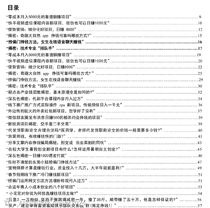 《捞偏门》：揭秘快速赚钱项目与灰色产业链内幕整理了各种快速赚钱方法与新兴项目，书中不仅揭开了灰色产业链的内幕，也提醒读者防范骗局，避免被割韭菜