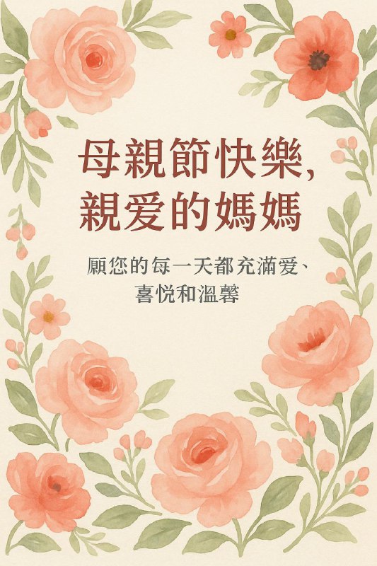 AI 制作一张漂亮的【母亲节】贺卡，卡片上写着：【“母亲节快乐，亲爱的妈妈”】并在这行字的下面写上一些温馨甜美的祝福语