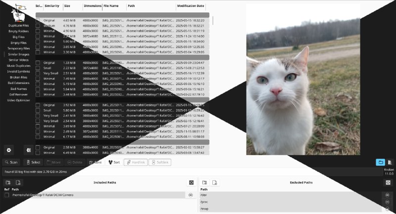 Krokiet ( czkawka ) ：开源跨平台文件清理工具，可查找重复文件、空文件夹、相似图片跨平台：支持 Windows、macOS、Linux，单文件便携版无需安装