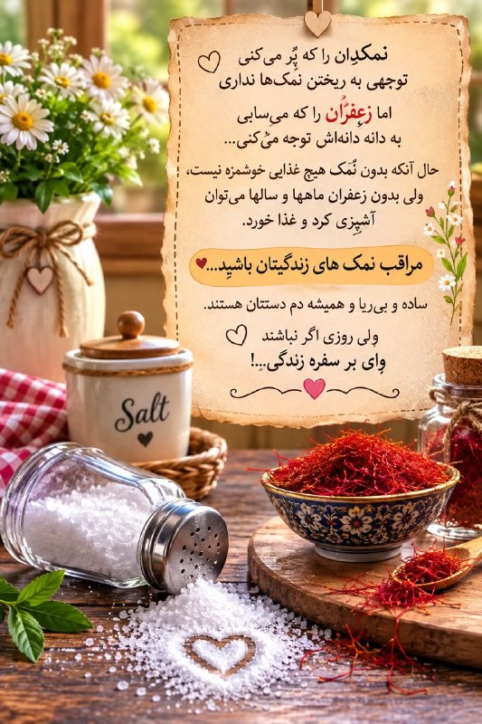 سخنان دلـنشین و زیبا ❤: مراقب نمک های زندگیتان باشید...ساده و بی ریا و همیشه دم دستتان هستند.ولی روزی اگر نباشند وای بر سفره زندگی...! 🔜 ⿻ @m