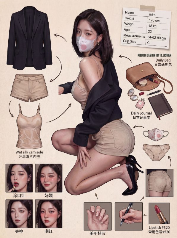 超写实风格穿搭分解图～附高质量生图提示词 Photo Design by提示词:Role (角色设定)你是一位顶尖的游戏与动漫概念美术设计大师 (Concept Artist)，擅长制作详尽的角色设定图（Character Sheet）
