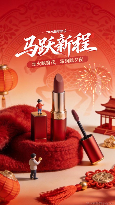 AIGC直出，2026马年新年美妆海报（附提示词） 既梦4.5生成海报，提示词参考：微观摄影，中国风，马年新年化妆品海报，以红色渐变为主体色调，背景为带有精致马纹的传统纹样