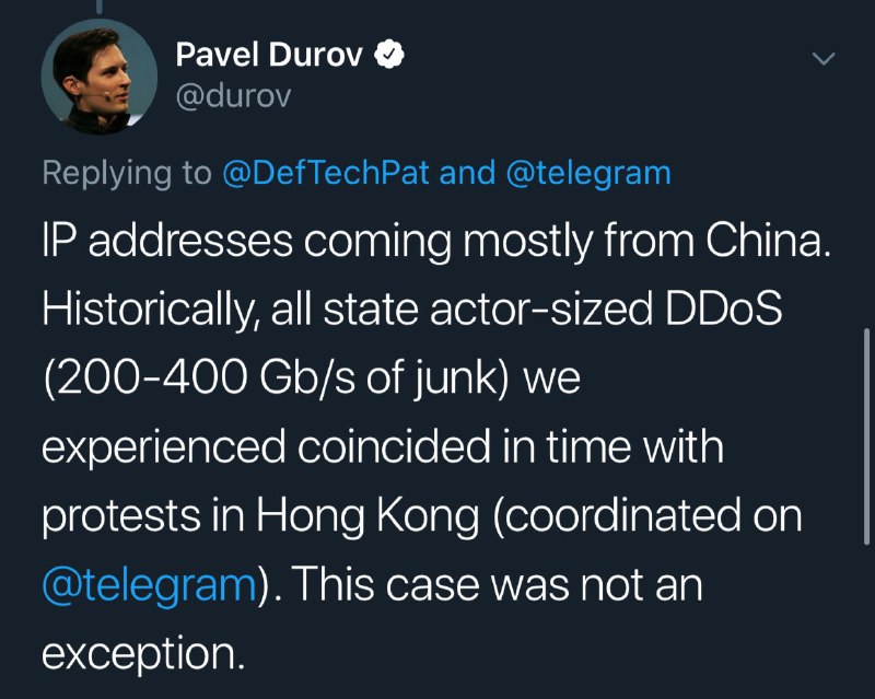 Telegram 創辦人對昨日的 DDoS 解畫，指攻擊者來自中國，相信與香港用戶近日使用 Telegram 協調抗議活動有關