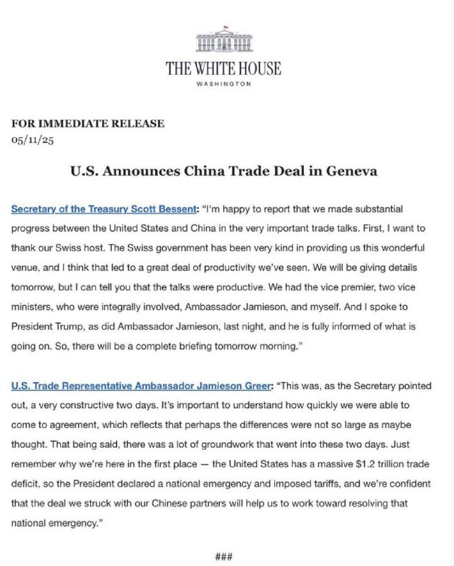 Good newsU.S. Announces China Trade Deal in Geneva