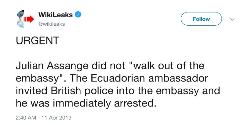 WikiLeaks says the Ecuadorian ambassador “invited” Met Police into the embassy to arrest Julian Assange.