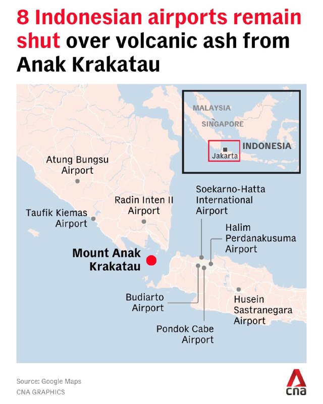 Eight airports in Indonesia remain shut due to volcanic ash from Mount Anak Krakatau. Some 170,000 people have been affected by flight cancellations.