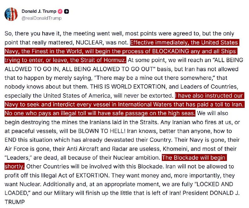 🔴 Trump orders the U.S. Navy to blockade the Strait of Hormuz to 