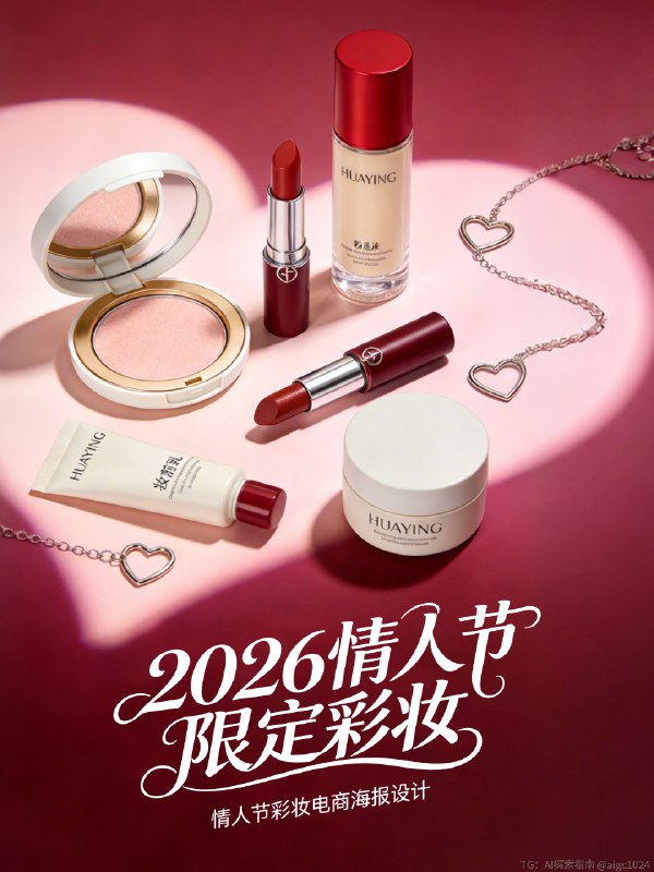AIGC 5.0直出，情人节化妆品海报(附提示词） 及梦Seedream5.0 Preview生成：HUAYING品牌高端美妆护肤产品组合，包括白色圆形高光粉饼（金色内圈，细闪浅粉色粉饼）、两支同系列口红（一支立放：深红色哑光管身+银色logo，正红丝绒膏体；一支横放：同款管身，细闪红棕膏体）、透明方形粉底液（亮面红盖，浅米色液体）、白色软管妆前乳（红盖）、白色圆形乳霜罐