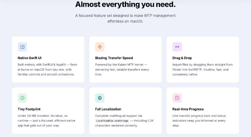 开源项目分享：SwiftMTP——一款 macOS 平台“安卓文件传输”的良好替代众所周知 Google 开发的 Mac 版“安卓文件传输”界面老旧、未支持 Apple M 系列芯片，已经将近 8 年未更新