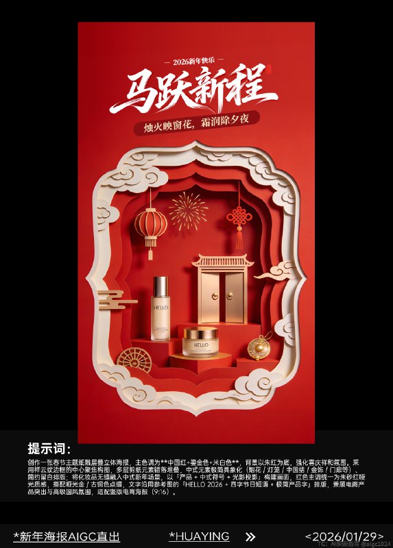 AIGC直出，2026马年新年美妆海报（附提示词） 既梦4.5生成海报，提示词参考：微观摄影，中国风，马年新年化妆品海报，以红色渐变为主体色调，背景为带有精致马纹的传统纹样