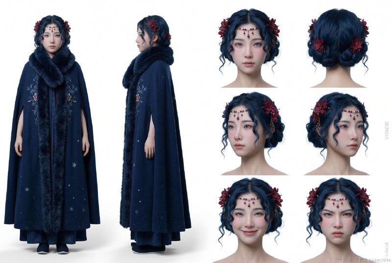 人像_角色设定卡_横版3x2_左2大右6头部表情用途：上传参考图后，生成“角色设定卡/Turnaround Sheet”