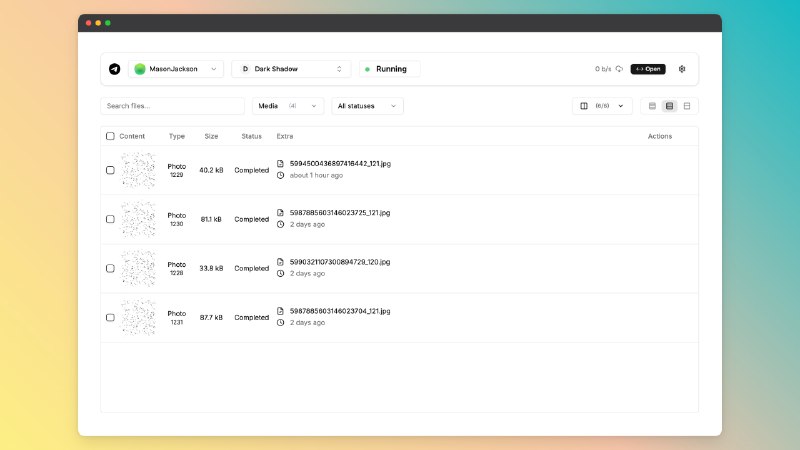#开源 #Telegram #下载📱 Telegram Files - 一个开源的 Telegram 文件下载工具它支持从电报频道和群组下载文件，支持多账户下载、下载数据展示等功能下载有风险，使用需谨慎📮投稿    📢频道    💬群聊    🔎索引