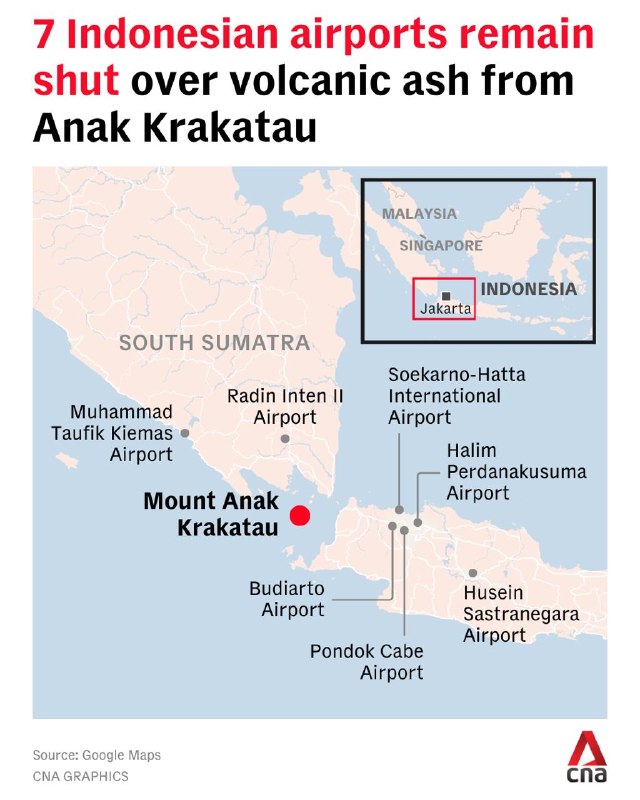 Eight airports in Indonesia remain shut due to volcanic ash from Mount Anak Krakatau. Some 170,000 people have been affected by flight cancellations.