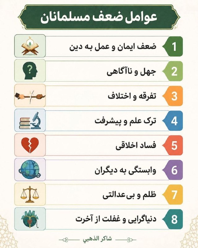 استغفار: عوامل ضعف مسلماناندوری از قرآن و سنت ترک جهاد و مبارزه در راه الله محبت بیش از حد با دنیا و زندگانی ترس از مرگ حرص بیش ا
