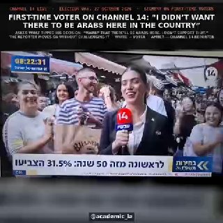 בראיון לטלוויזיה ישראלית המתמקד בפרספקטיבות פוליטיות של בני נוער, בוחר לראשונה הביע דעות אנטי-ערביות קיצוני…