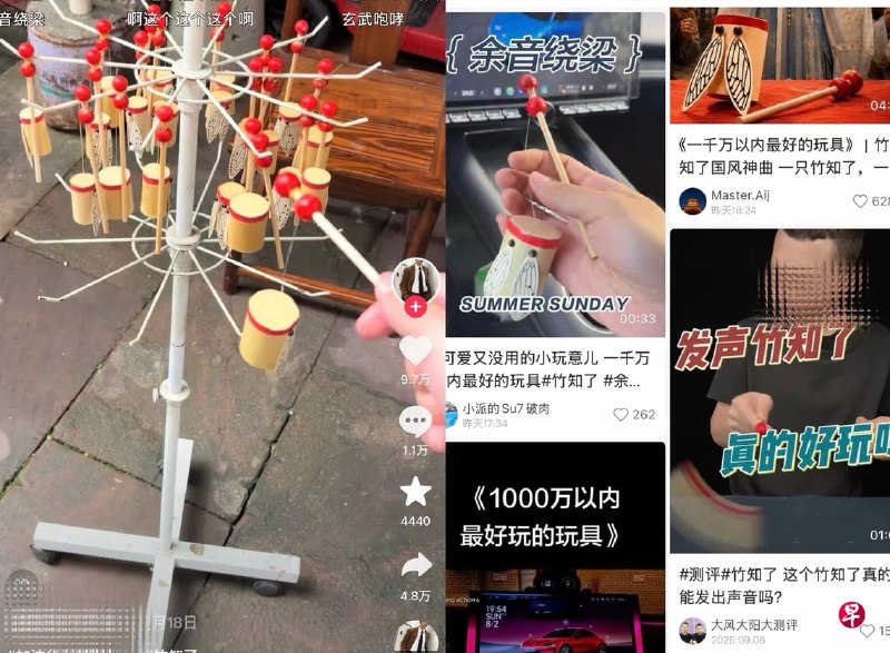 中国传统玩具“竹知了”摇动发出的声音被指与华为一场发布会现场的“哇哇梗”音效相似，相关视频被华为以损害商誉为由大规模投诉下架，事件迅速登上热搜，“竹知了”也因此出圈，成为一些网民模仿、恶搞的“新梗”。