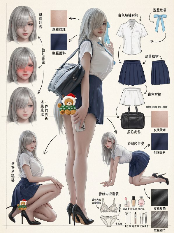 JK学姐NanoPro生成穿搭拆解图～附提示词 Photo Design by[禁R]原创作品，未经允许，禁止🚫盗用搬运[清单R]提示词:Role (角色设定)你是一位顶尖的游戏与动漫概念美术设计大师 (Concept Artist)，擅长制作详尽的角色设定图（Character Sheet）