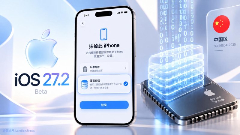 #系统资讯 中国区独占功能：iOS 27.2 Beta 1 新增数据覆写功能，用户尝试抹掉设备时可以使用数据覆写避免数据再被恢复