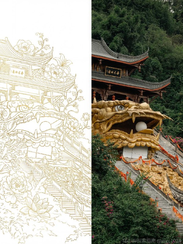 【转线稿万能公式，1小时和10秒搞定的教程】制作风格化线稿的详细制作思路：[赞R]首先，找到想要制作的风格线稿参考图，通过gemini提取风格，例如：给出指令，参考上传的插画，提取画风风格，只要风格笔触，用json格式提示词，金箔细线勾勒物体