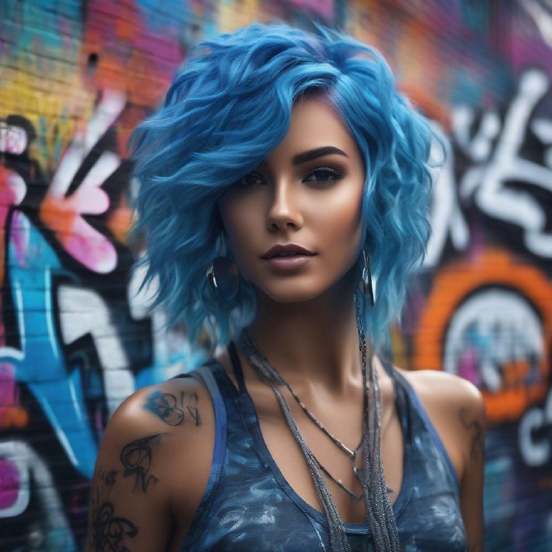 a beautiful model, short bluishcolored hair, photoshoot with darkturquoise and black textured graffitiwall art, highly detailed, hyperrealistic