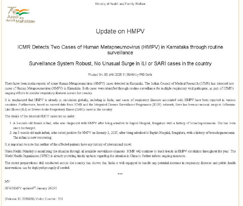 ICMR detects two cases of Human Metapneumovirus (HMPV) in Karnataka through routine surveillance
