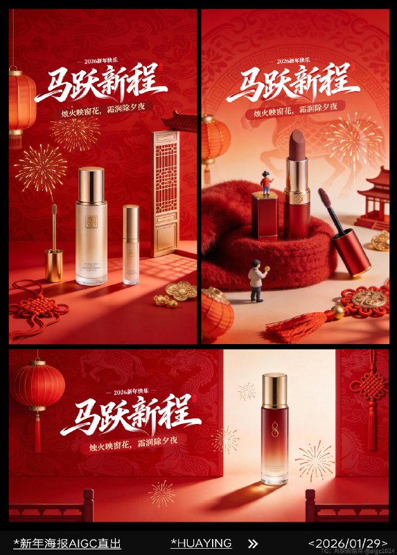 AIGC直出，2026马年新年美妆海报（附提示词） 既梦4.5生成海报，提示词参考：微观摄影，中国风，马年新年化妆品海报，以红色渐变为主体色调，背景为带有精致马纹的传统纹样