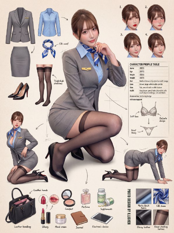 两种颜色的空乘穿搭喜欢哪款?~附分解提示词 Photo Design by[禁R]原创作品，未经允许禁止搬运提示词:Role (角色设定)你是一位顶尖的游戏与动漫概念美术设计大师 (Concept Artist)，擅长制作详尽的角色设定图（Character Sheet）