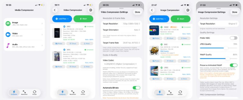 #压缩 #格式转换 #iOS Hummingbird Video Compression 视频与图片压缩工具，仅有 iOS 版本，支持批量压缩和批量调整分辨率，支持自定义压缩质量、智能裁剪与缩放，除此之外还支持图片格式互转和视频格式互转，并可选择无压缩保持质量，所有处理均在本地完成，完全免费，无内购