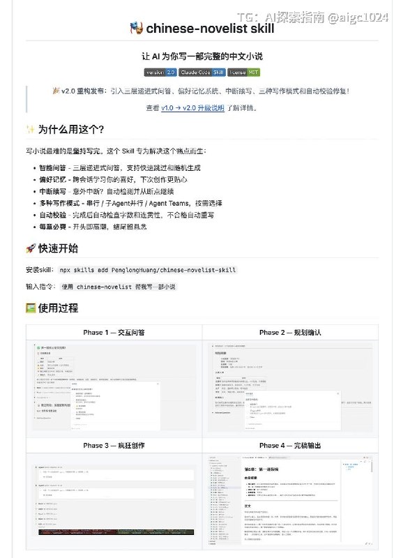 一个非常不错的中文小说创作 Skill项目：chinese-novelist通过结构化的问答+流程编排,让 AI 帮你从零到一写完一整部长篇中文小说,主打解决写小说