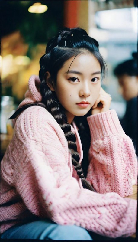 ultra high photography of A beautiful korean girl with cornrow braided hair, big eyes wearing a pink floral knit hoodie, long blue crlana jeans, sitting in a café drinking coffee, quiet and warm atmosphere, accompanied by mainecoon cat on table and laptop, sharp and bright colors