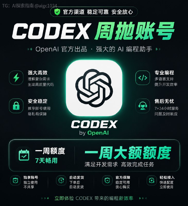 有没有写代码的朋友跟我一样，原生codex额度和5小时限制根本不够用，写项目写到一半直接卡死太折磨了手里备了些codexplus日抛号，直接解除5小时限制，不用折腾API，登录就能用，可使用一周的额度@aigc1024