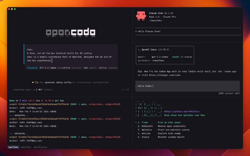 #开源 #终端 #AI⌨ Kaku - 一个为 AI 编程打造的快速、开箱即用的终端目前仅支持 macOS⭐️ Features▫️零配置: 精心调校的默认设置，JetBrains Mono 字体、优化的 macOS 字体渲染、流畅动画