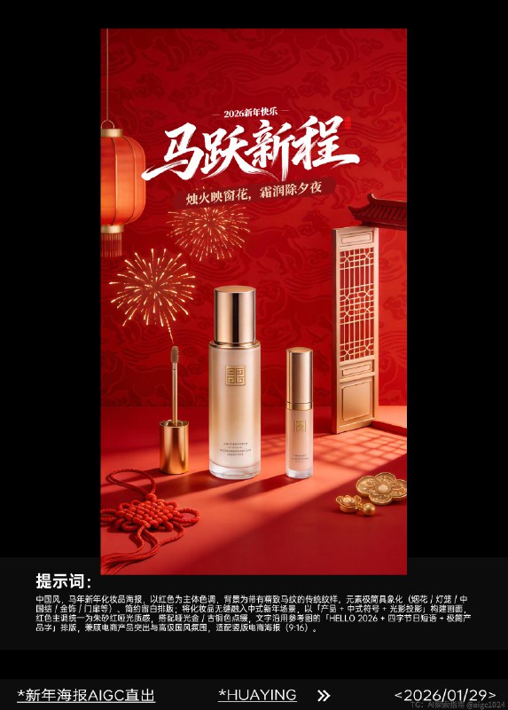 AIGC直出，2026马年新年美妆海报（附提示词） 既梦4.5生成海报，提示词参考：微观摄影，中国风，马年新年化妆品海报，以红色渐变为主体色调，背景为带有精致马纹的传统纹样