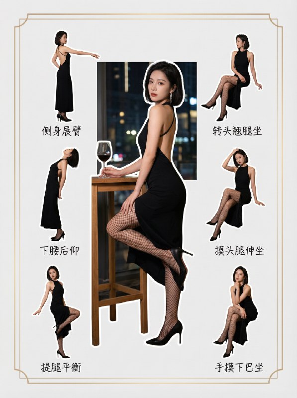 网眼黑丝沉浸欣赏，摄像摆拍姿势，ootd 需要智能体才行，这套提示词比较复杂，就不具体提供了！具体姿势名称如下，给到香蕉2基本可以出类似的动作姿势列表：1：侧身展臂2：回眸凝视3：踮脚旋转4：下腰后仰5：提腿平衡6：双手合十7：撑腰翘腿坐8：撑椅抬头坐9：转头翘腿坐10：歪头伸腿坐11：摸头腿伸坐12：扭腰后撑坐13：手摸下巴坐14：手撑提肩坐@aigc1024网眼黑丝沉浸欣赏，摄像摆拍姿势，ootd 需要智能体才行，这套提示词比较复杂，就不具体提供了！具体姿势名称如下，给到香蕉2基本可以出类似的动作姿势列表：1：侧身展臂2：回眸凝视3：踮脚旋转4：下腰后仰5：提腿平衡6：双手合十7：撑腰翘腿坐8：撑椅抬头坐9：转头翘腿坐10：歪头伸腿坐11：摸头腿伸坐12：扭腰后撑坐13：手摸下巴坐14：手撑提肩坐@aigc1024