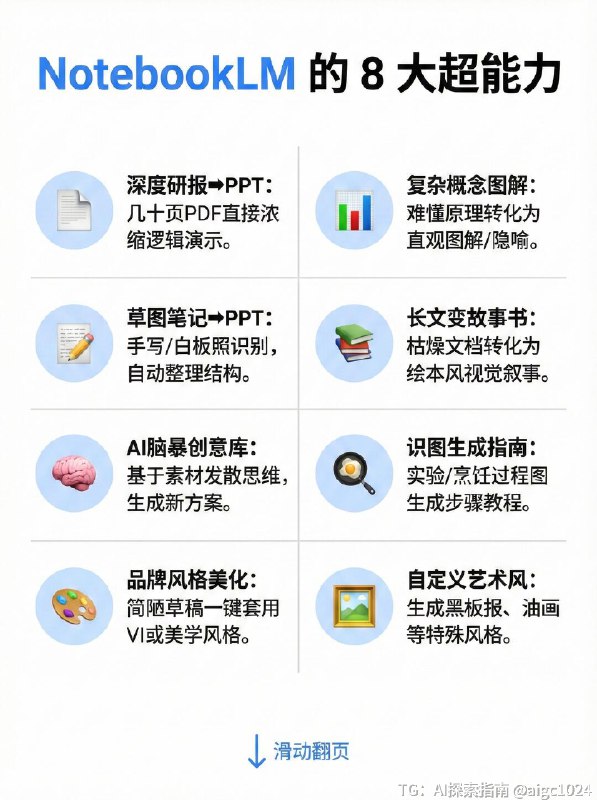 【NotebookLM生成ppt的8大攻略和新手万能公式】还在为做PPT头秃吗？😭 老板甩来的几十页报告根本读不完？ 对着白板草稿不知道怎么下手？ 内容有干货，但做出来的PPT丑到想哭？谷歌新出的 NotebookLM 简直是职场人和学生党的救星！🚀 它不只是个笔记工具，用对了方法，它就是你的PPT超级辅助！今天把压箱底的【全攻略+救命提示词】都整理出来了，一共9张干货图，建议先⭐收藏，下次做PPT直接翻出来抄作业！👇 重点来了！4个“救命场景”+直接可用的Prompt指令（都在图里！） 👇✅ P3 场景一：资料太厚读不完？ 👉 让AI帮你读，提取核心，还能把枯燥内容变成故事讲出来！✅ P4 场景二：只有烂草稿/白板？ 👉 拍张照丢给它，自动识别字迹，整理结构，还能智能配商务图！✅ P5 场景三：概念太抽象听不懂？ 👉 讲“云架构/量子力学”台下全睡着？让AI帮你找比喻、画图解！✅ P6 场景四：审美掉线太丑了？ 👉 想要苹果风、赛博朋克风？一句让你的PPT颜值爆表！🤫 还有两个隐藏彩蛋！🌟 P7：新手万能公式 记不住复杂指令？背下这个公式，解决90%的需求！🎧 P8：隐藏玩法 Audio Overview 生成完PPT，别忘了让它生成一段音频！拿来当演讲排练搭档，或者直接演示时当旁白，简直绝了！💡 写在最后 (P9)： 工具是死的，思路是活的