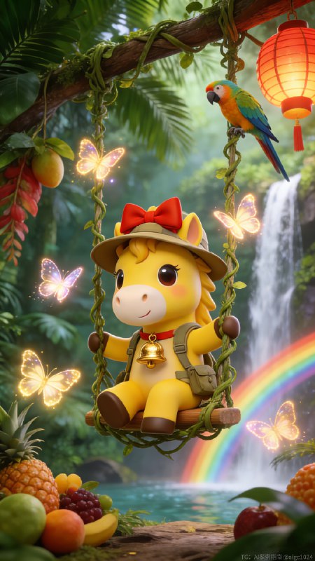 AIGC直出，2026小马新年旅游海报（附提示词） 用4.5生成海报，再用4.0生成字体合成海报，提示词参考：3D 卡通渲染风格，超萌治愈系马年新年主插画，画面中心是拟人化生肖马 IP 形象站着，通体为明亮的暖黄色，头顶棕褐色鬃毛，佩戴红色蝴蝶结发饰与带金色铃铛的红色项圈，表情呆萌带浅笑，小马的大眼睛乌黑透亮，带着灵动的高光，嘴角露出开心的微笑，整体表情温暖治愈，表情温暖治愈，看着前面的冰糖葫芦，仿佛沉浸在热闹的市集氛围里