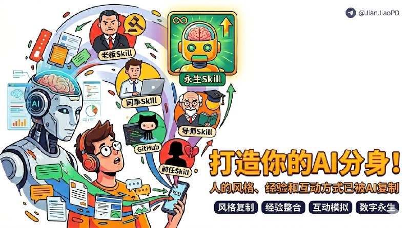 ✈️ Skill技能 | 各种Skill向你袭来，同事Skill、前任Skill、暗恋对象Skill、导师Skill、老板Skill、永生SKill等，实现赛博永生！🏷 检索标签：#AISkill #同事Skill #前任Skill #暗恋对象Skill #导师Skill #自己Skill #父母Skill #老板Skill #AI #Skill⭐️ 详情介绍：最近 GitHub 上这波 Skill 项目 确实冒得有点快，同事 Skill、前任 Skill、老板 Skill、导师 Skill、父母 Skill、自己 Skill、永生 Skill、重逢 Skill 都已经有人开干了   这么多项目有一个共同点也就是把一个人平时留下来的 聊天记录、文档、截图、语气、习惯和判断方式，整理成一个能被 AI 直接调用的 Skill　说白了因为大家已经不太满足 AI 只会 写代码、查资料、做任务 了，开始想让它顺手带上 人的风格、人的经验、人的互动方式📖 同事Skill · 📖 老板Skill----------------------------📖 前任Skill · 📖 暗恋对象SKill----------------------------📖 自己Skill · 📖 父母SKill----------------------------📖 导师Skill · 📖 师兄SKill----------------------------📖 永生SKill · 📖 数字人生Skill 📖 重逢SKill · 📖 反蒸馏 Skill😌频道 |🙂群聊 |😋中文包 |☺️搜索