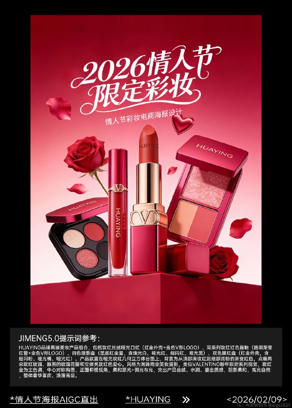 AIGC 5.0直出，情人节化妆品海报(附提示词） 及梦Seedream5.0 Preview生成：HUAYING品牌高端美妆护肤产品组合，包括白色圆形高光粉饼（金色内圈，细闪浅粉色粉饼）、两支同系列口红（一支立放：深红色哑光管身+银色logo，正红丝绒膏体；一支横放：同款管身，细闪红棕膏体）、透明方形粉底液（亮面红盖，浅米色液体）、白色软管妆前乳（红盖）、白色圆形乳霜罐