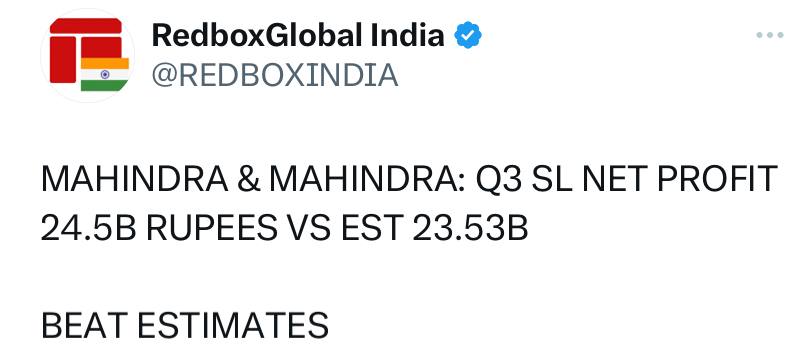 MAHINDRA & MAHINDRA: Q3 EBITDA 35.90B RUPEES VS 32.72B (YOY); EST 32.25B || Q3 EBITDA MARGIN 14% VS 14.80% (YOY); EST 12.6%