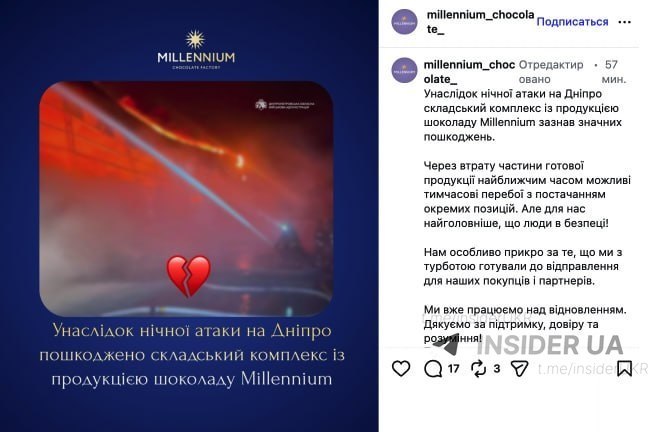 Росіяни зруйнували склад шоколаду Millennium у Дніпрі