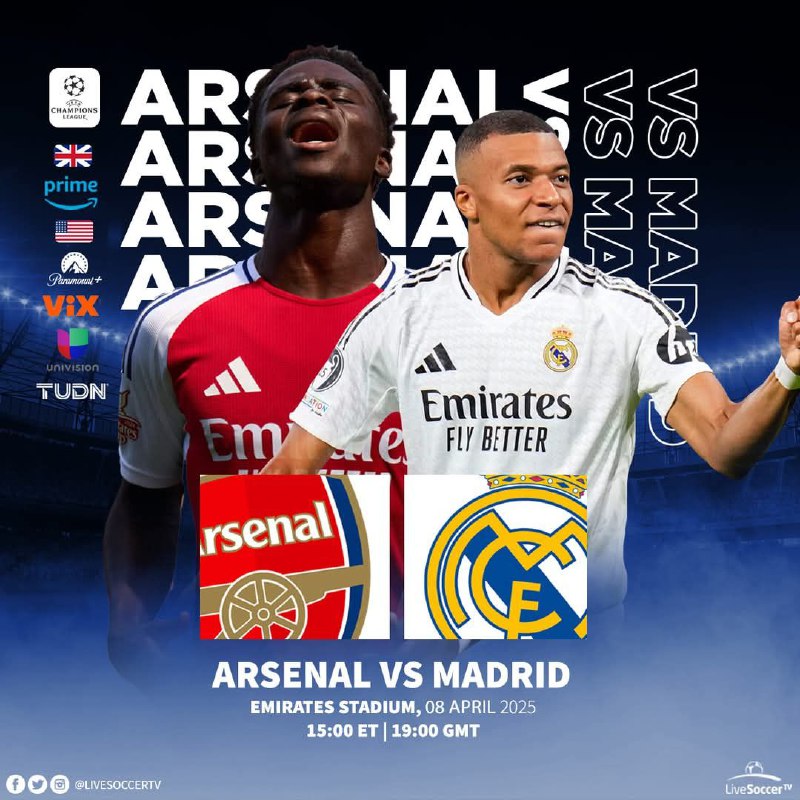 UEFA Champions League quarterfinal matches!⏰ 3 p.m. ET📺 USA: Paramount+ / ViX / TUDN USA / Univision📺 UK: TNT Sports / Amazon Prime Video📺 Germany: DAZN / Amazon Prime Video📺 France: Canal+ / RMC Sport📺 Spain: Movistar+📺 Italy: Sky Italia / Amazon Prime Video📺 Brazil: TNT Sports / SBT📺 Canada: DAZN📺 Australia: Stan Sport📺 India: Sony LIVUEFA Champions League quarterfinal matches!⏰ 3 p.m. ET📺 USA: Paramount+ / ViX / TUDN USA / Univision📺 UK: TNT Sports / Amazon Prime Video📺 Germany: DAZN / Amazon Prime Video📺 France: Canal+ / RMC Sport📺 Spain: Movistar+📺 Italy: Sky Italia / Amazon Prime Video📺 Brazil: TNT Sports / SBT📺 Canada: DAZN📺 Australia: Stan Sport📺 India: Sony LIV