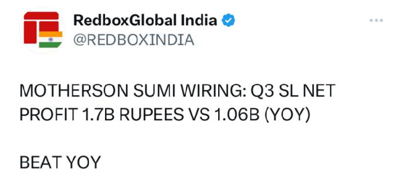 MOTHERSON SUMI WIRING: Q3 EBITDA 2.62B RUPEES VS 1.8B (YOY) || Q3 EBITDA MARGIN 12.37% VS 10.61% (YOY)BEAT EBITDA AND MARGINS