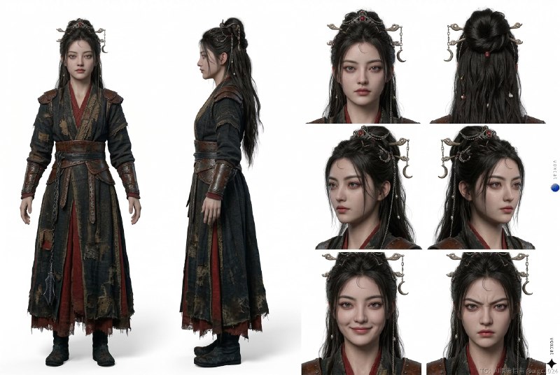 人像_角色设定卡_横版3x2_左2大右6头部表情用途：上传参考图后，生成“角色设定卡/Turnaround Sheet”