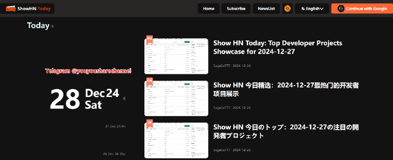 Show HN Today，汇集 HackerNews 中热门项目的网站#软件 #科技资讯每天从 Hacker News 平台中提取最有趣、最创新的项目和新闻，并通过简洁的界面展示，帮助用户轻松跟踪技术界的最新趋势