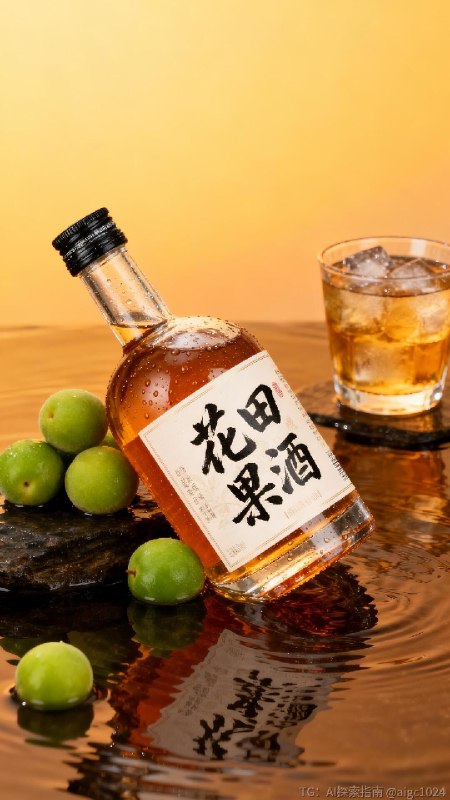 【AIGC直出.高端青梅酒商业摄影（附提示词）】[向右R] 参考提示词：‘花田果酒’高端青梅酒商业摄影，透明瓶身的琥珀色青梅酒（瓶身贴含‘花田果酒’书法字体的标签，瓶子旁边有几颗青梅），置于暖棕水面上（水面有波纹），旁侧搭配装冰酒的玻璃杯，背景为渐变暖黄底色