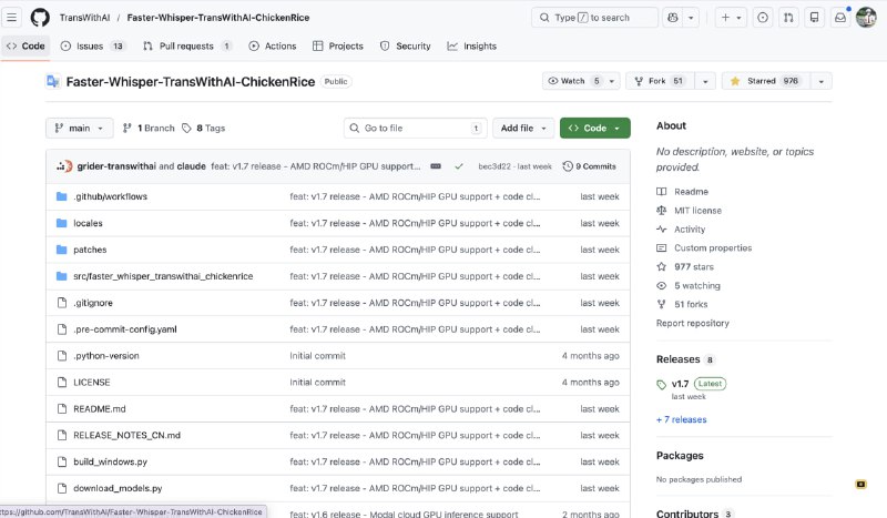 Faster Whisper TransWithAI ChickenRice：免费开源高性能音视频转录和翻译工具 - 基于 Faster Whisper 和音声优化 VAD 的日文转中文优化版本🏷标签：#翻译 #AI #源码☁链接：点击获取⭐频道  😮群聊  ✏投稿  🌍中文